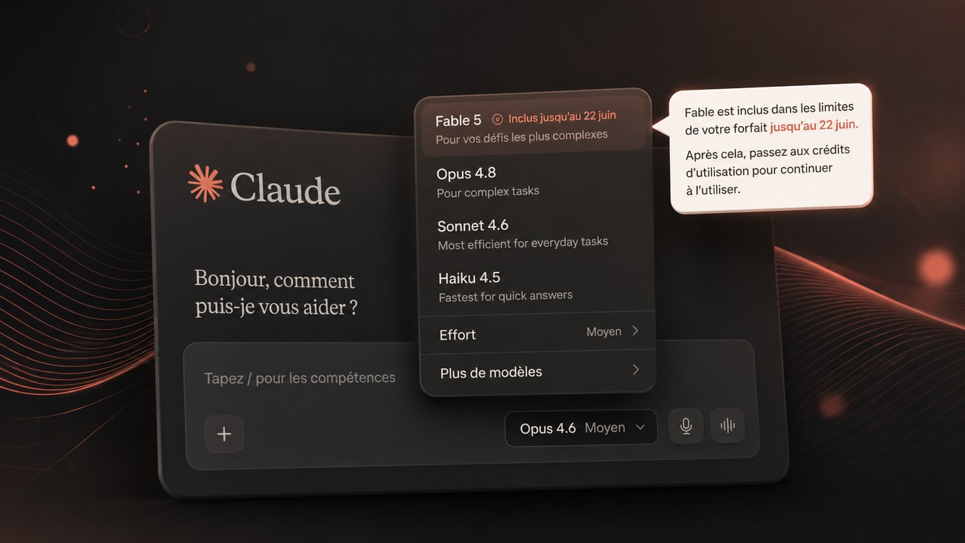 Claude Fable 5 en tête du sélecteur de modèles dans l'application Claude.ai, au-dessus d'Opus 4.8