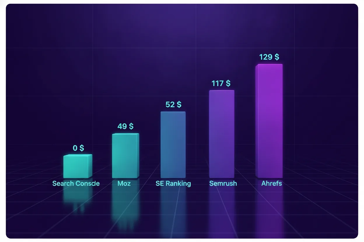 Graphique en barres comparant les prix mensuels des outils SEO en 2026 : Search Console gratuit, Moz 49 dollars, SE Ranking 52 dollars, Semrush 117 dollars, Ahrefs 129 dollars